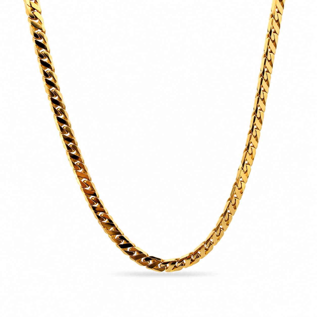 18kt gold Fancy Curb Cuban link chain displayed in a draped U-shape showing full link pattern