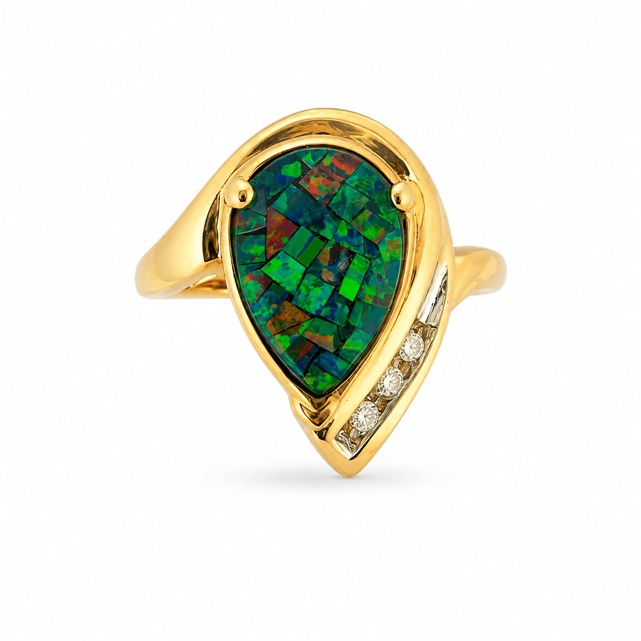 14kt yellow gold ring with pear-cut mosaic triplet opal and diamond accents, front view showing the opal's color pattern
