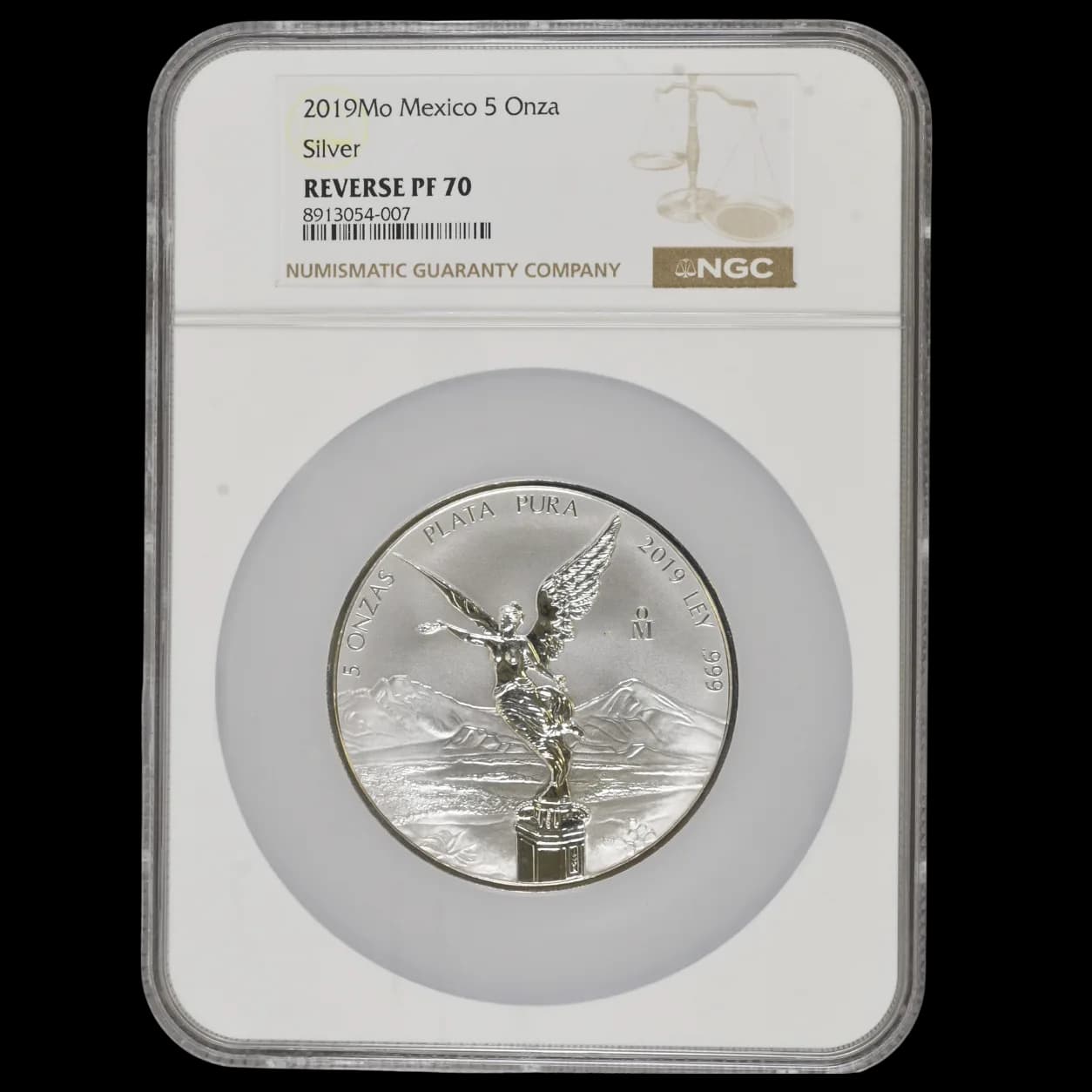 2019 Mexico 5 Onza Silver Libertad obverse showing the Winged Victory design inside its NGC Reverse PF 70 holder