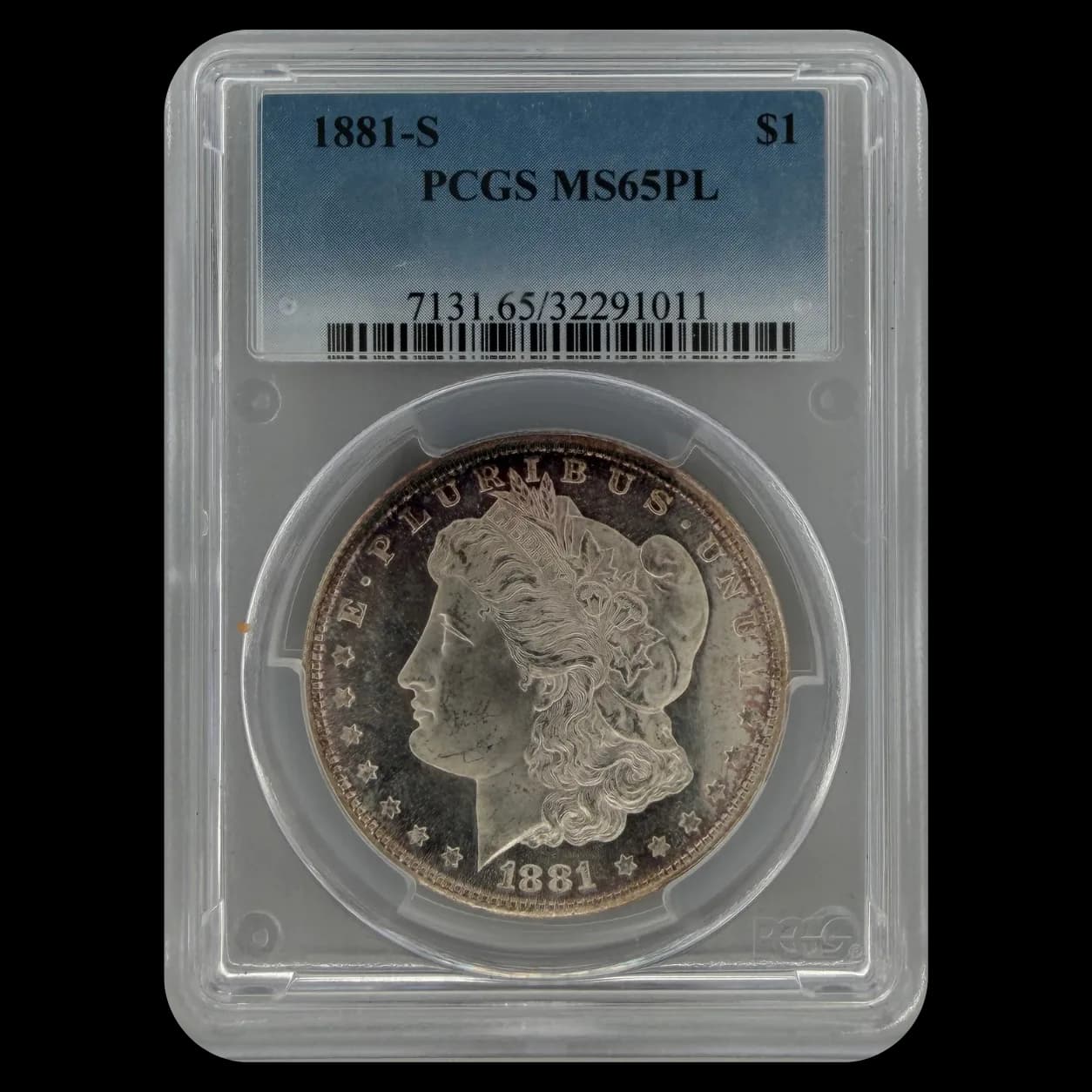 1881-S Morgan Silver Dollar obverse showing Liberty head design in PCGS MS65PL holder