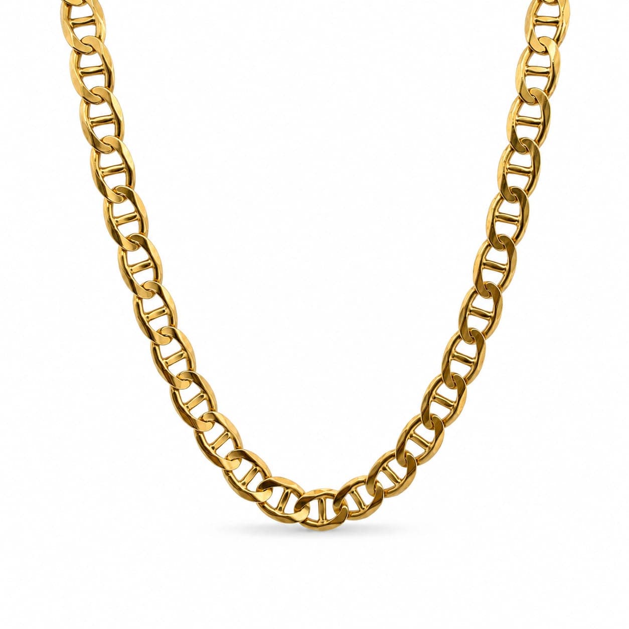 18kt gold mariner link chain displayed in a draped V-shape showing the full 24 inch length