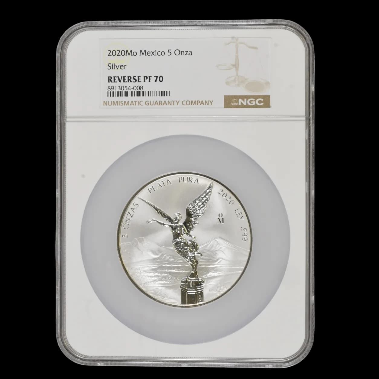 2020-Mo Mexico 5 Onza Libertad silver coin obverse showing Winged Victory design in NGC Reverse PF 70 holder