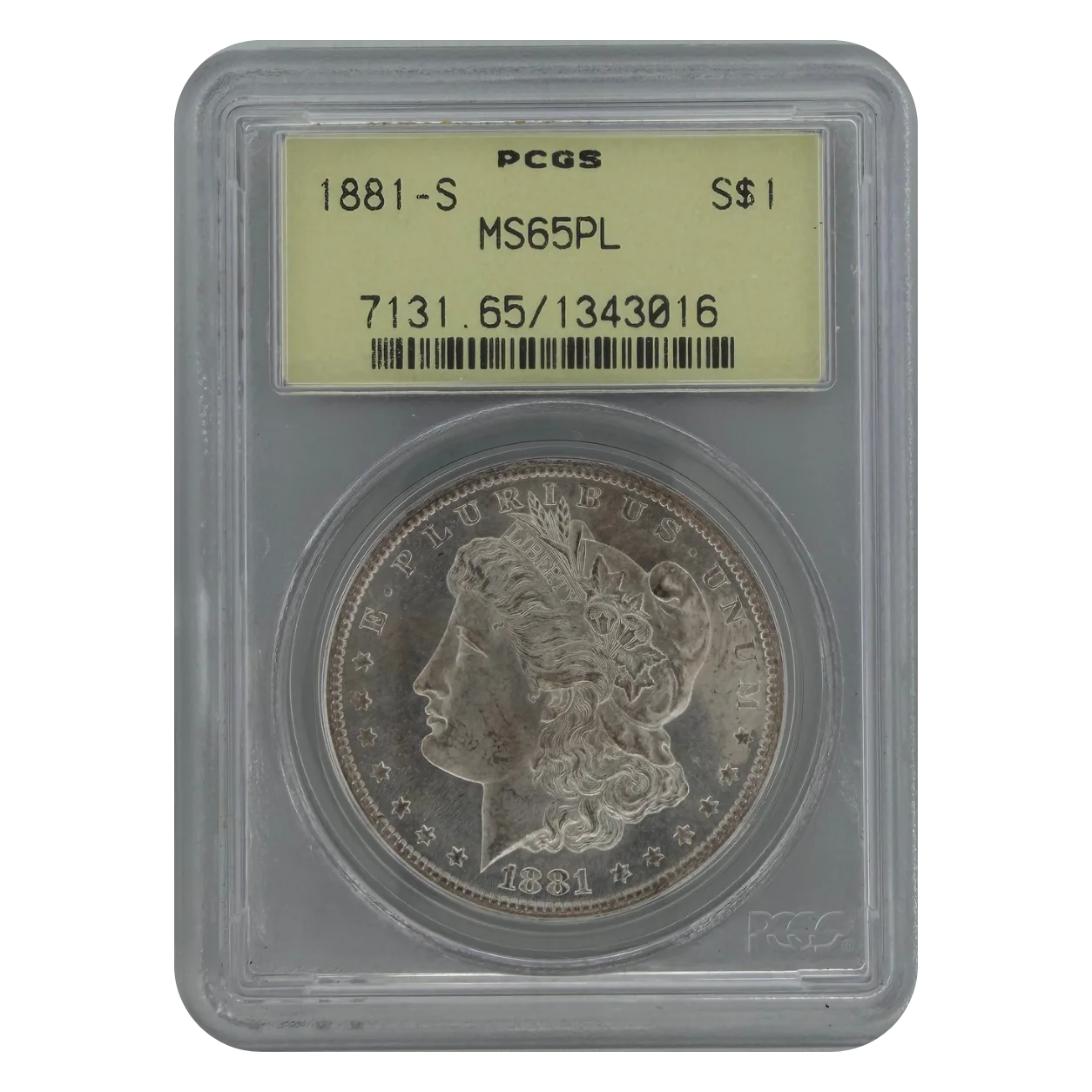 1881-S Morgan Silver Dollar PCGS MS65PL slab obverse showing Liberty head design and certification label