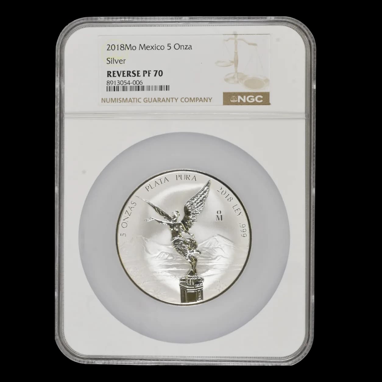 2018 Mexico 5 Onza Libertad silver coin obverse in NGC Reverse PF 70 holder showing Angel of Independence design