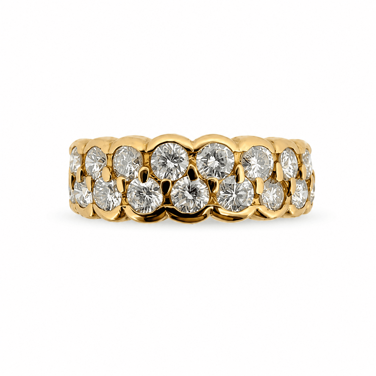 18K gold diamond eternity band shown from the front with two rows of round natural diamonds