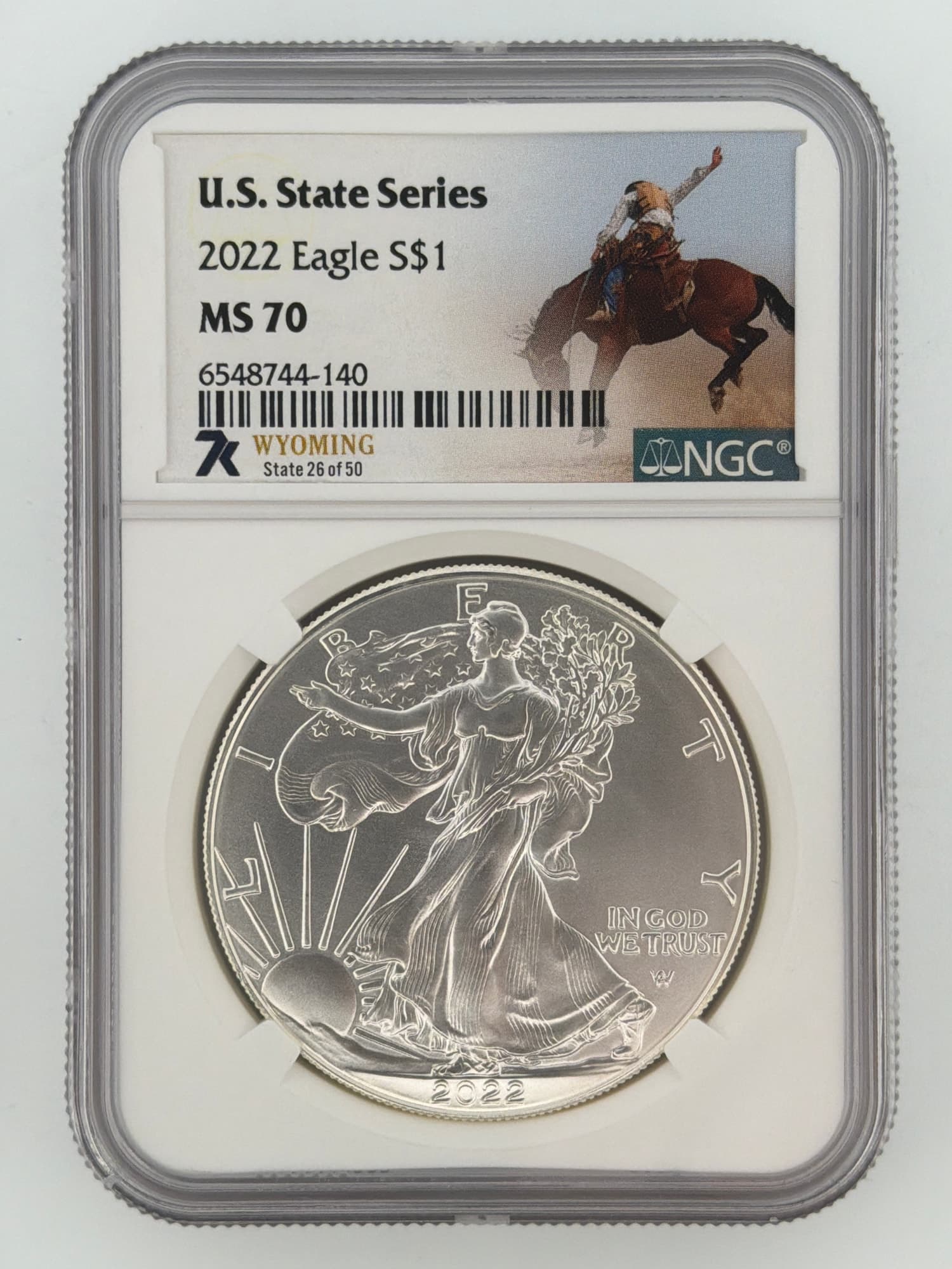 2022-W American Silver Eagle NGC MS70 obverse in slab with Wyoming U.S. State Series label, State 26 of 50