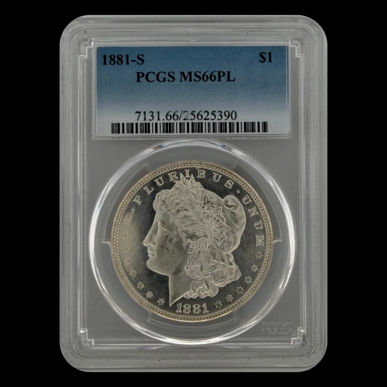 1881-S Morgan Silver Dollar obverse in PCGS MS66PL holder showing Liberty head design and grading label