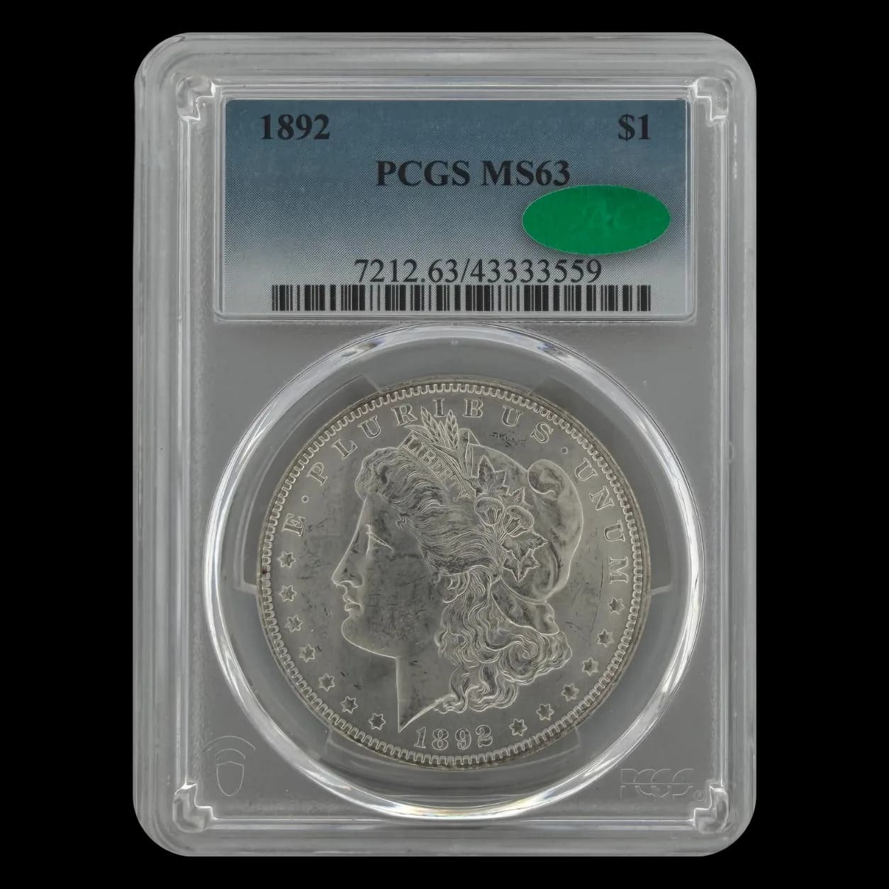 1892 Morgan Silver Dollar obverse in PCGS MS63 CAC holder showing Lady Liberty design and certification label