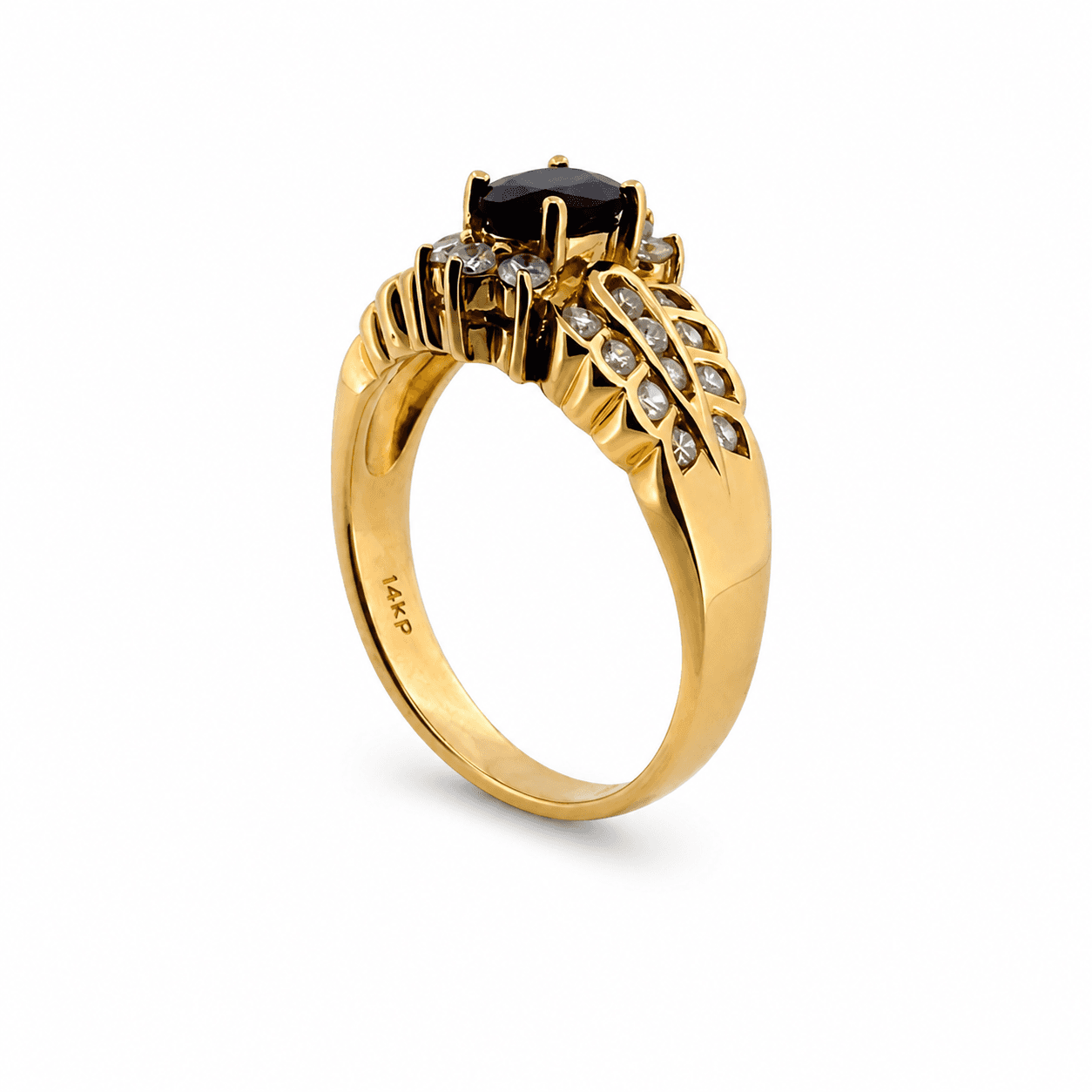 14K Yellow Gold Oval Sapphire and Round Diamond Cocktail Ring - Alternate view