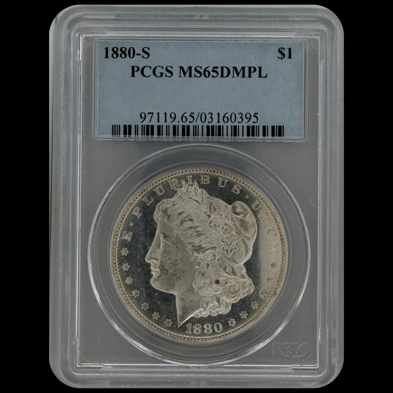 1880-S Morgan Silver Dollar obverse in PCGS MS65DMPL holder showing Liberty head design and certification label