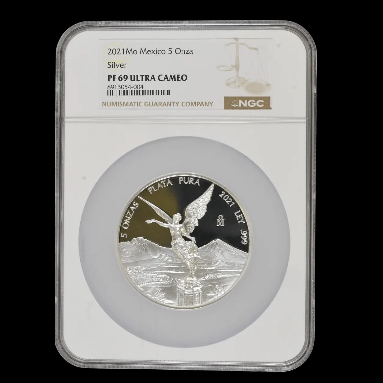 2021 Mexico 5 Onza Libertad silver proof coin obverse in NGC PF69 Ultra Cameo holder showing the Angel of Independence design