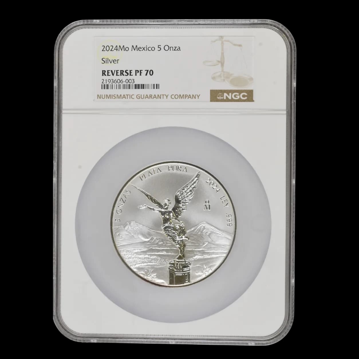 2024-Mo Mexico 5 Onza Libertad silver coin in NGC Reverse Proof PF 70 holder showing the Angel of Independence obverse design