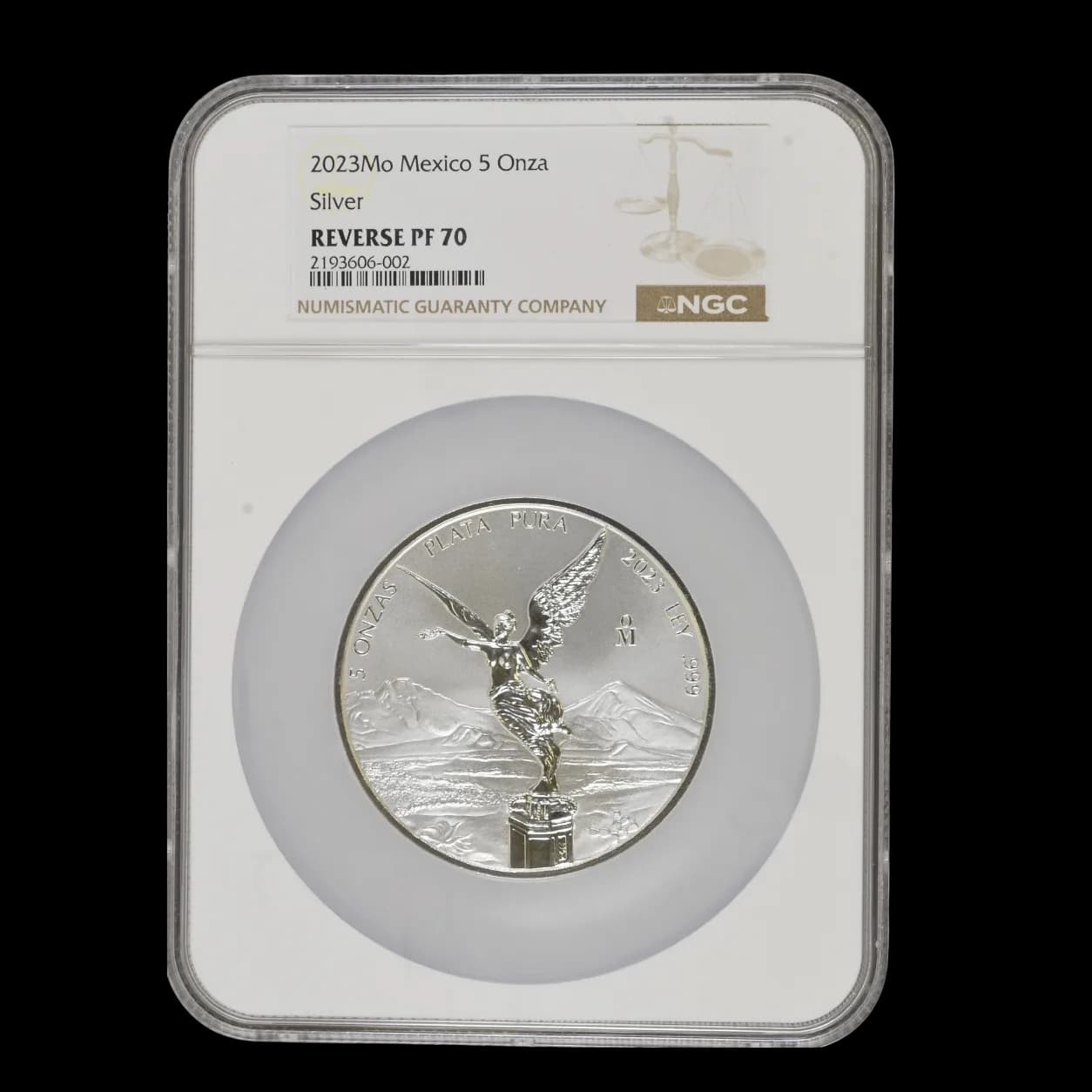 NGC holder front view of the 2023-Mo Mexico 5 Onza Libertad showing the Angel of Independence obverse and PF 70 label