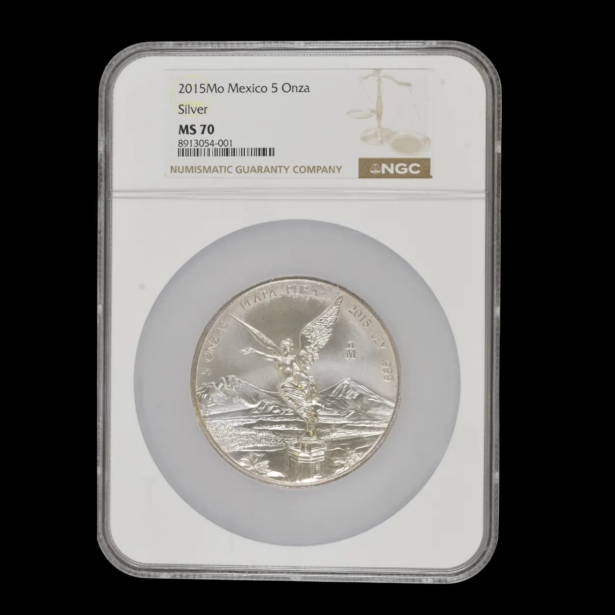 2015-Mo Mexico 5 Onza Libertad silver coin obverse in NGC MS70 holder showing the Winged Victory angel design
