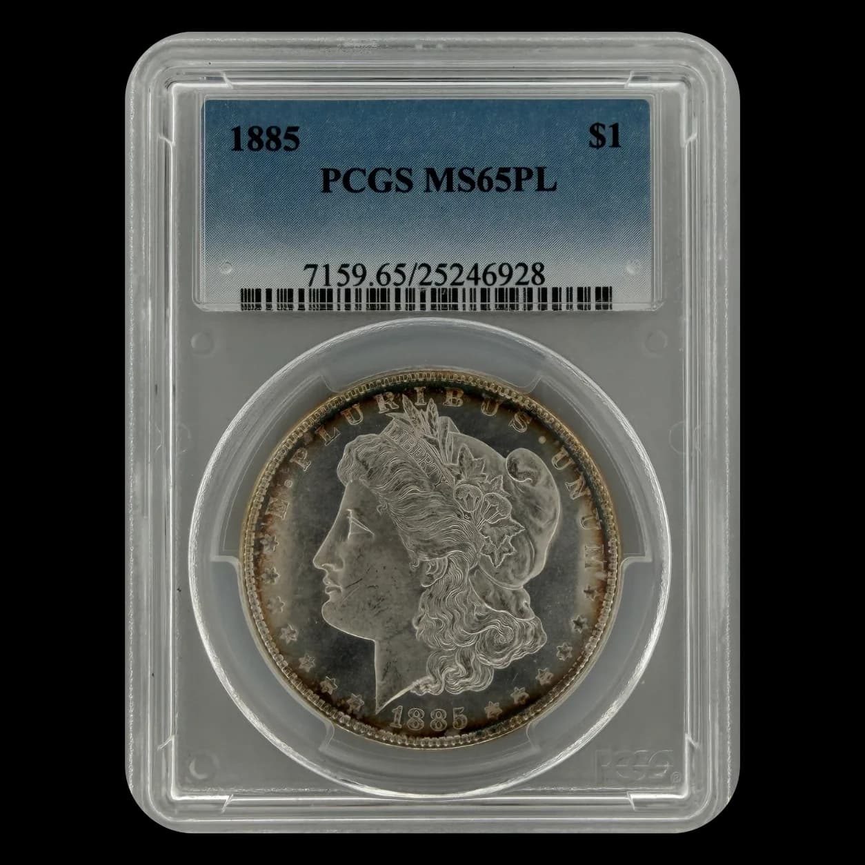 1885 Morgan Silver Dollar obverse in PCGS MS65PL holder showing Liberty head design and grading label