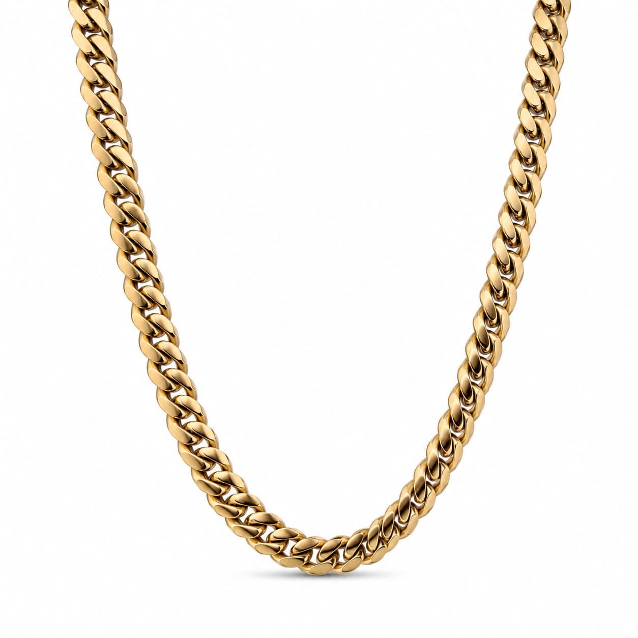 14K gold Cuban link chain necklace displayed hanging in a U-shape against a white background