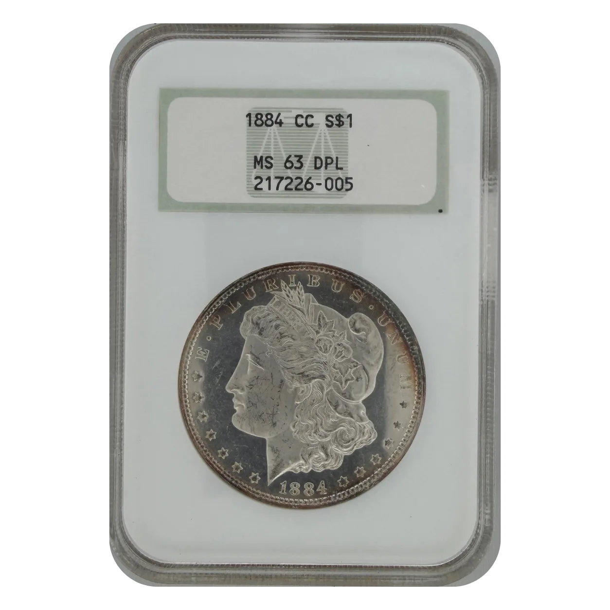 1884-CC Morgan Silver Dollar obverse in NGC MS63 DPL holder showing Liberty portrait and certification label