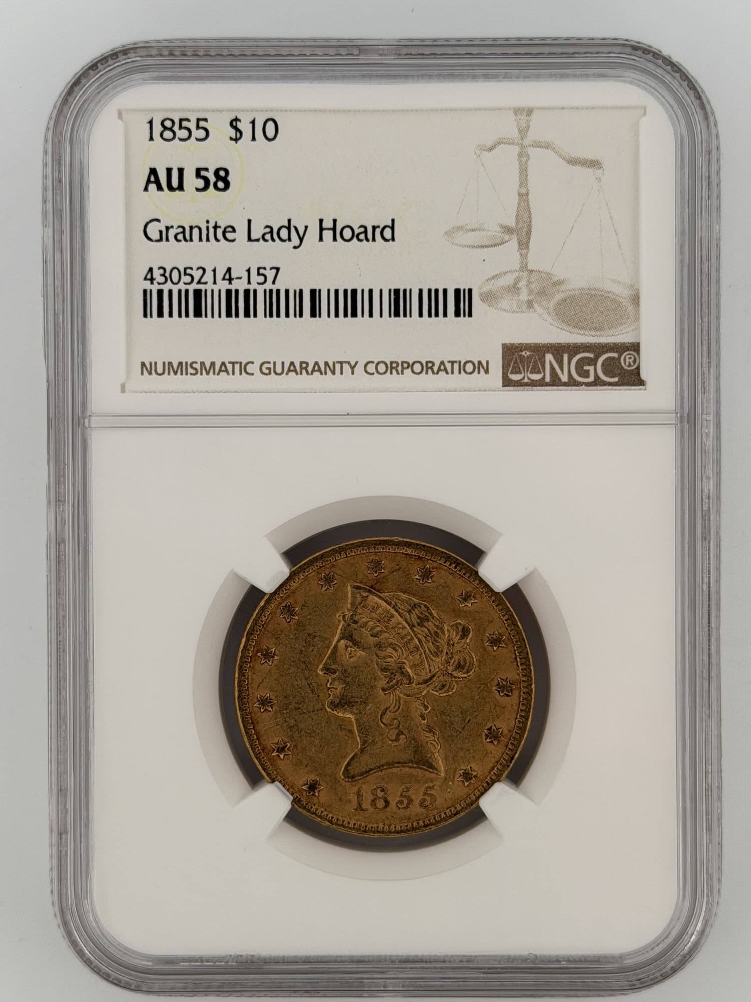 1855 Liberty Head Eagle $10 Gold NGC AU58 Granite Lady Hoard obverse showing Coronet Liberty Head and 13 stars in NGC slab