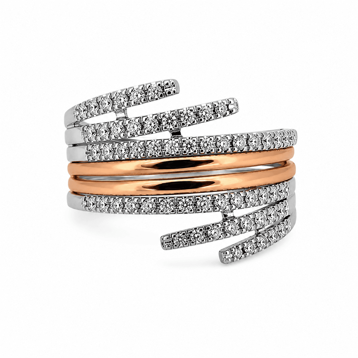 18k white and rose gold diamond ring shown from a top angled view highlighting multi-row pave diamond design