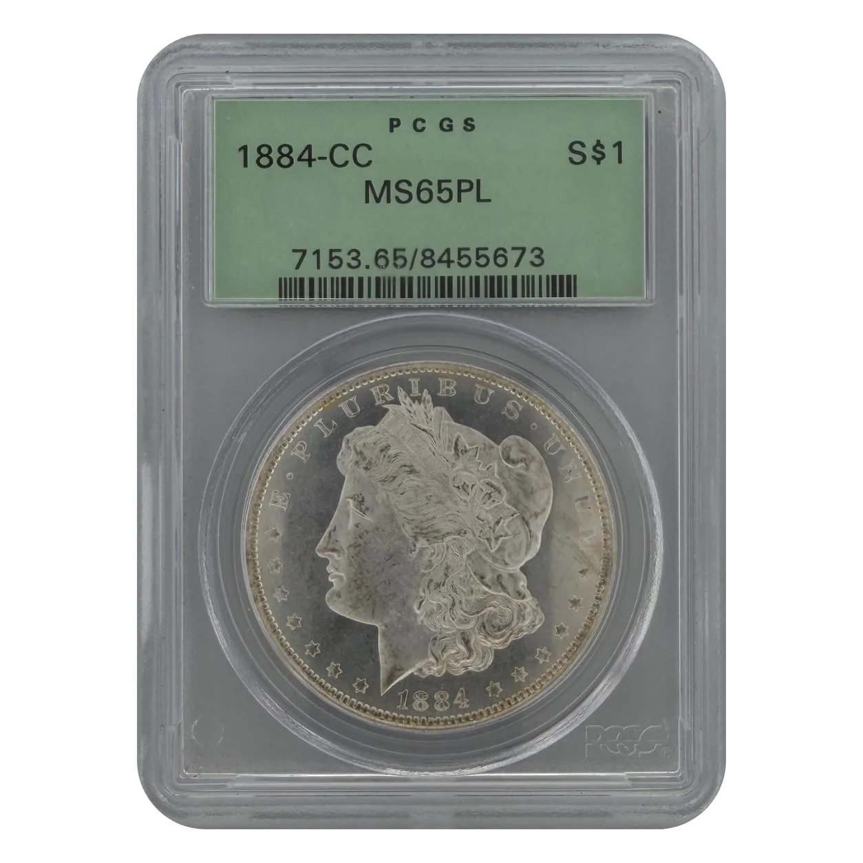 1884-CC Morgan Silver Dollar PCGS MS65PL obverse view showing Liberty head design in certified holder