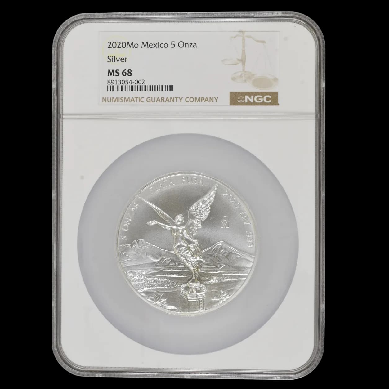 2020-Mo Mexico 5 Onza Libertad silver coin obverse in NGC MS68 holder showing Angel of Independence design