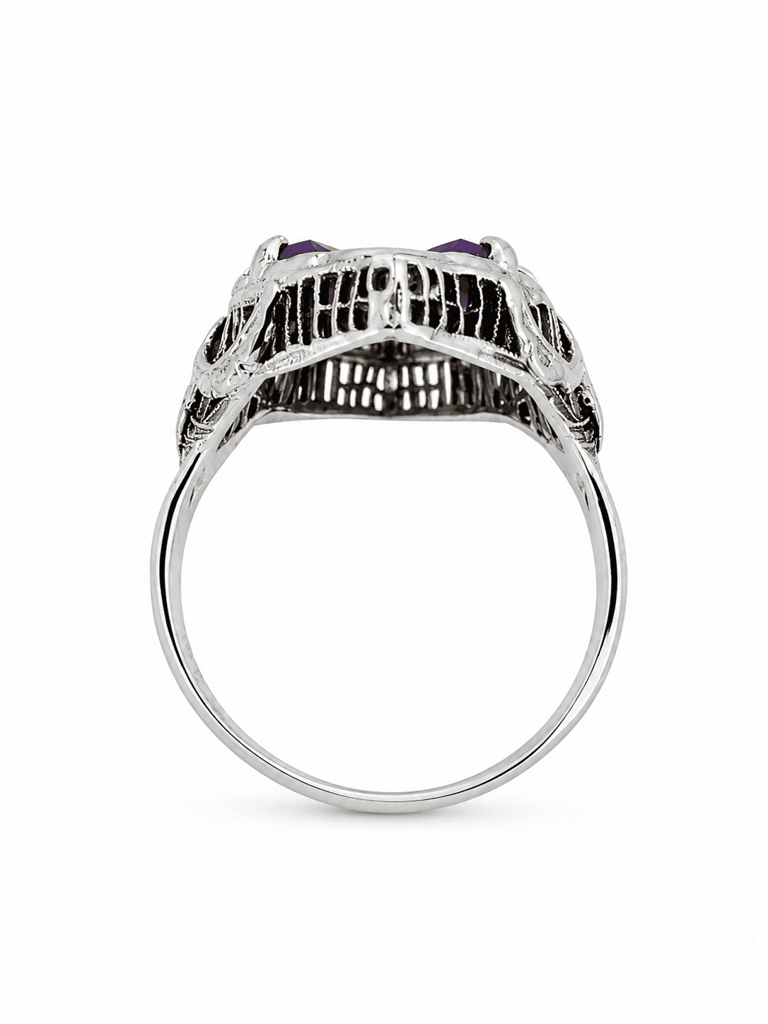 Antique-Style 14K White Gold Filigree Ring with Four Trillion-Cut Amethysts - Alternate view