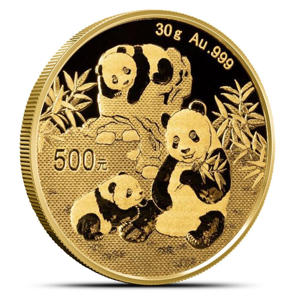 Gold Chinese Panda 30 Gram coin reverse showing Au.999 fineness, 500 Yuan denomination, and family of giant pandas with bamboo