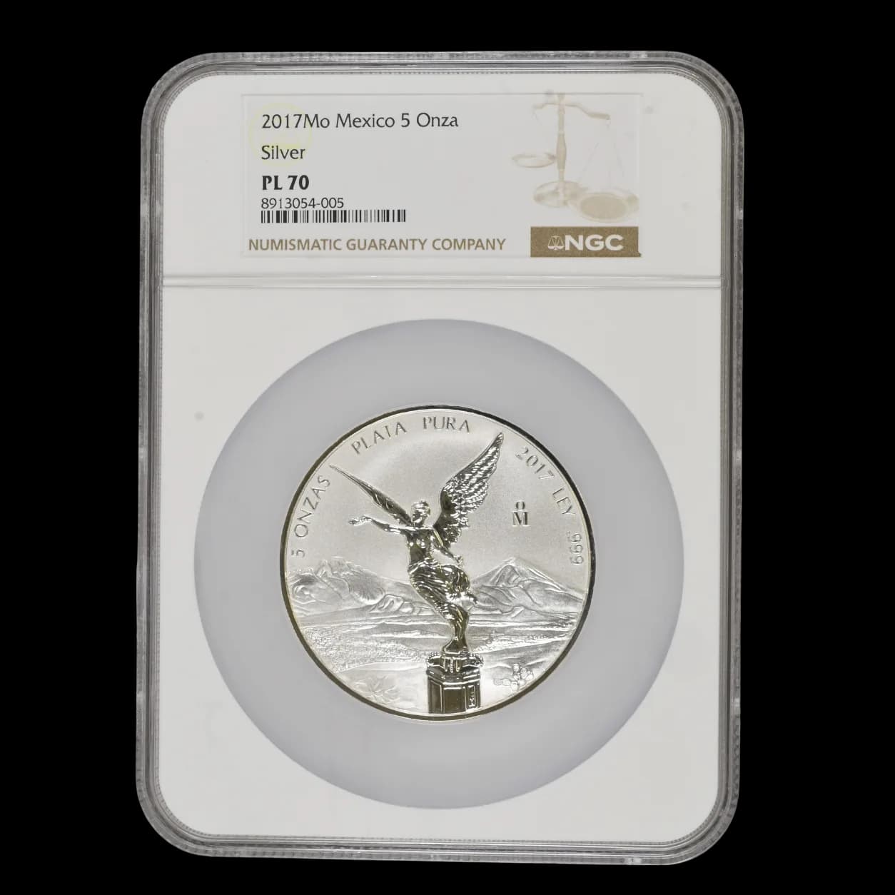 2017-Mo Mexico 5 Onza Libertad silver coin obverse showing Winged Victory angel in NGC PL 70 holder