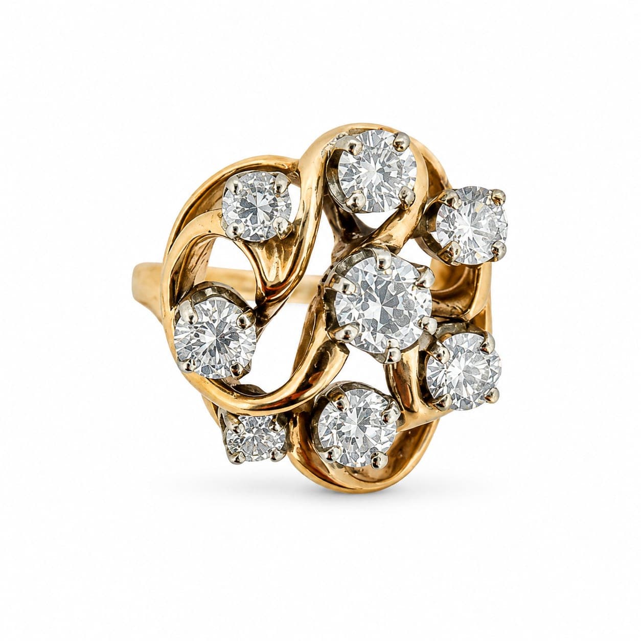 14K yellow gold diamond cluster ring front view showing seven round diamonds in freeform swirl setting