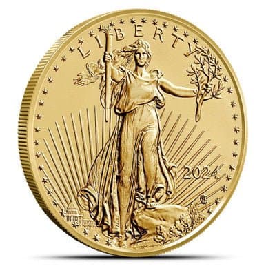 2024 Gold American Eagle 1/10 oz coin obverse showing Lady Liberty with torch, olive branch, and star border