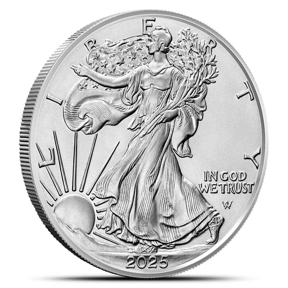 2025 Silver American Eagle 1 oz obverse showing Walking Liberty design with sunrise and IN GOD WE TRUST inscription