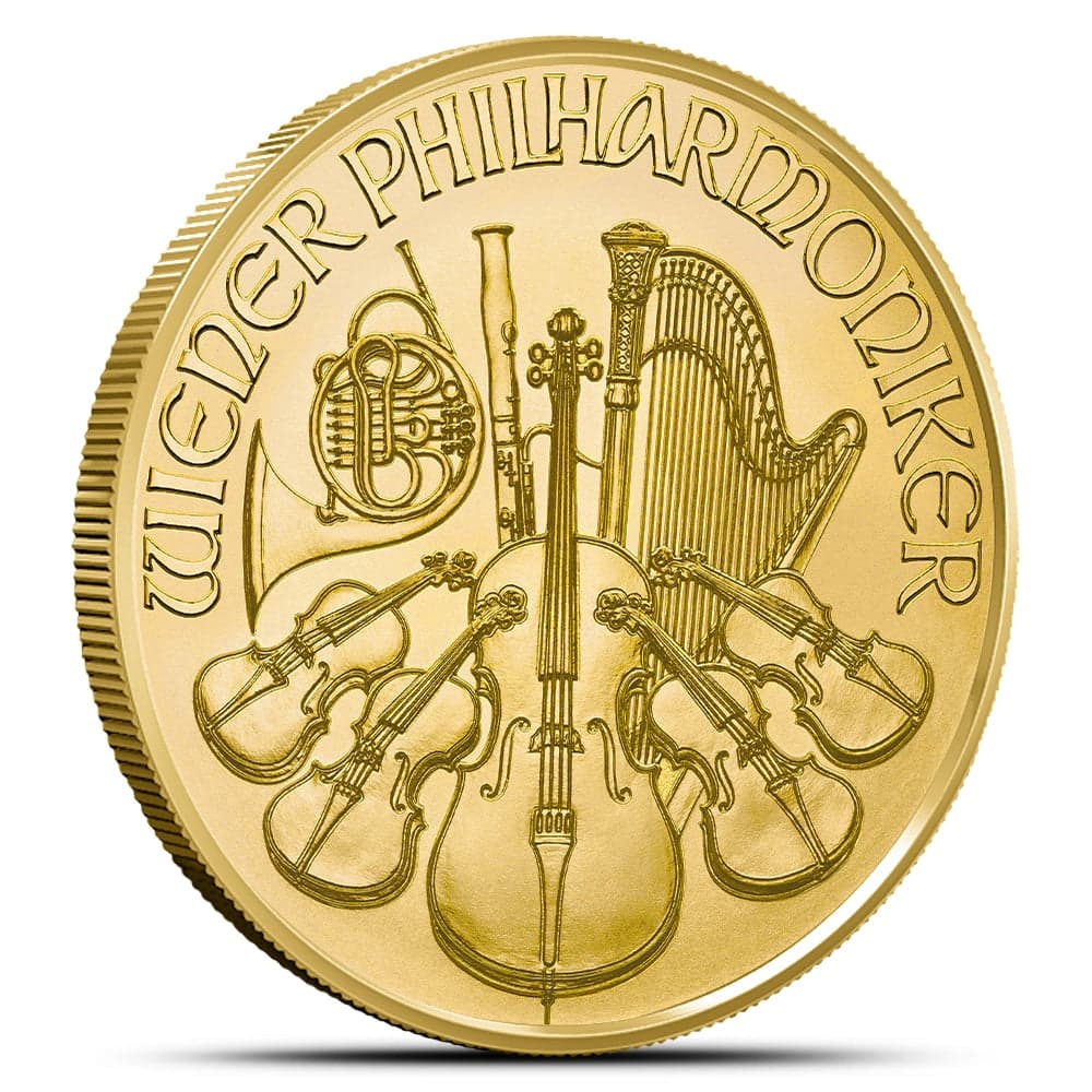 Gold Austrian Philharmonic 1 oz obverse showing Vienna Philharmonic instruments including violins, harp, French horn, and bassoon with Wiener Philharmoniker inscription