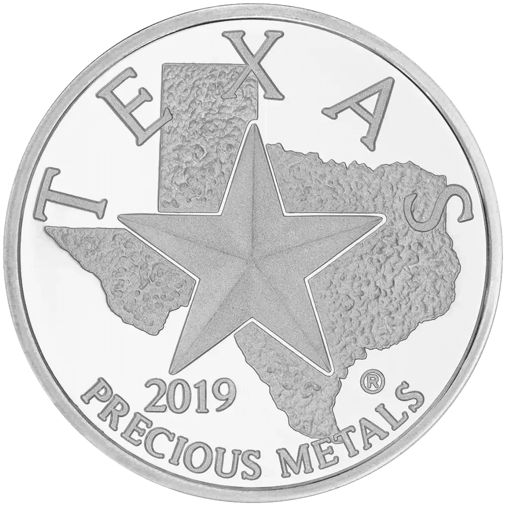 2019 Texas Silver Round 1 oz obverse showing Lone Star over textured Texas state map with Texas Precious Metals inscription