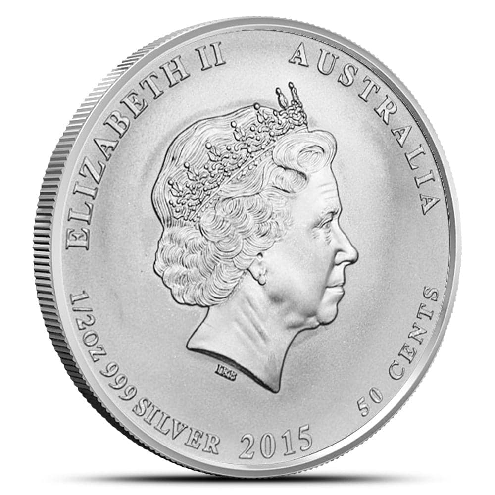 Australian Battle of the Coral Sea Silver Coin 1/2 oz obverse showing Queen Elizabeth II portrait, 0.999 fineness, 50 cents denomination, and 2015 date