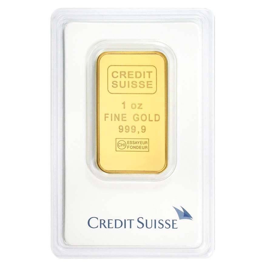 Credit Suisse 1 oz 0.9999 fine gold bar sealed in original white assay blister card packaging, obverse face showing CHI Essayeur Fondeur hallmark