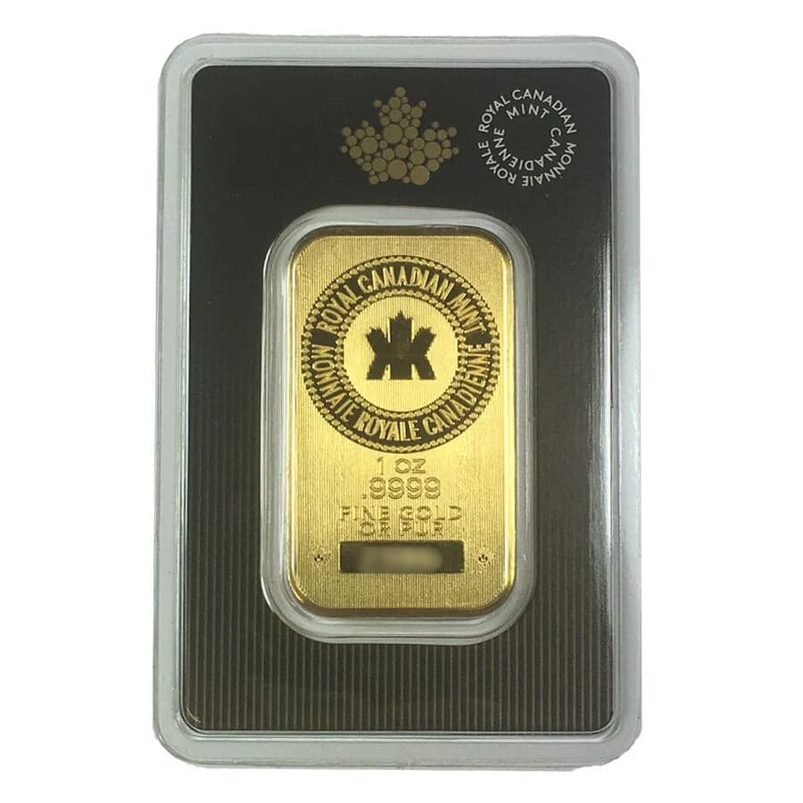 Royal Canadian Gold Bar 1 oz 0.9999 fine gold sealed in original RCM assay card, front view showing full bar and packaging