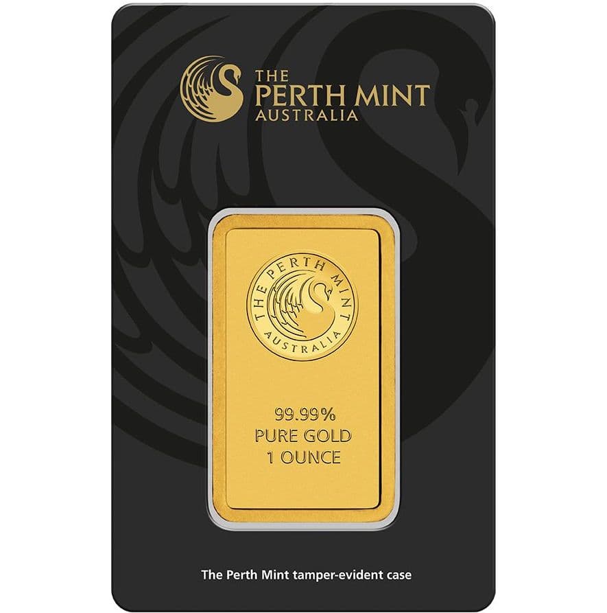 Perth Mint 1 oz 0.9999 pure gold bar sealed in official tamper-evident black assay card packaging