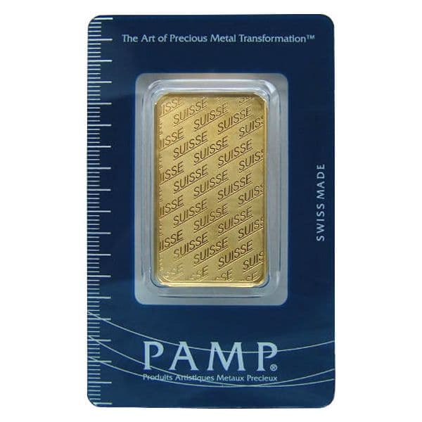 Pamp Suisse 1 oz gold bar sealed in original blue Swiss Made assay card showing SUISSE security pattern on bar reverse