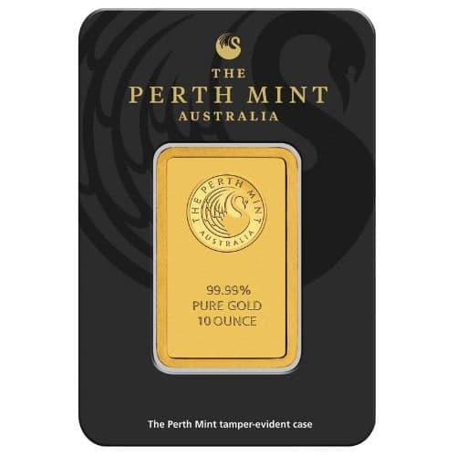 Perth Mint 10 oz 0.9999 fine gold bar sealed in original tamper-evident black assay case with swan logo