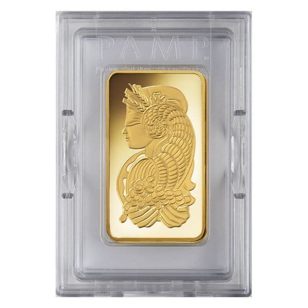 PAMP Suisse Lady Fortuna 10 oz gold bar sealed in original clear assay card, obverse view showing detailed Lady Fortuna portrait design