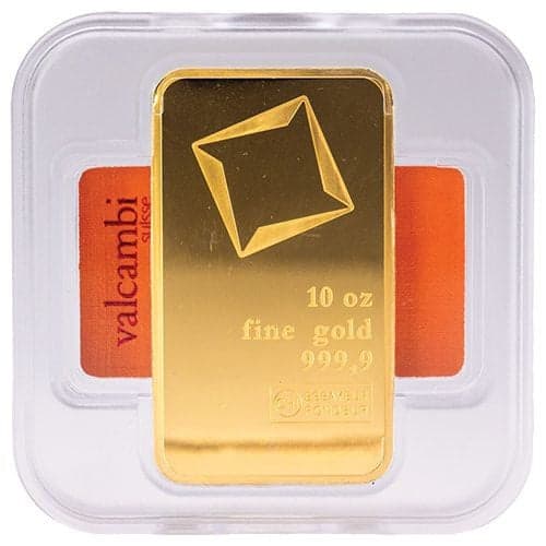 Valcambi Suisse 10 oz 999.9 fine gold bar sealed in original assay card with red branded backing