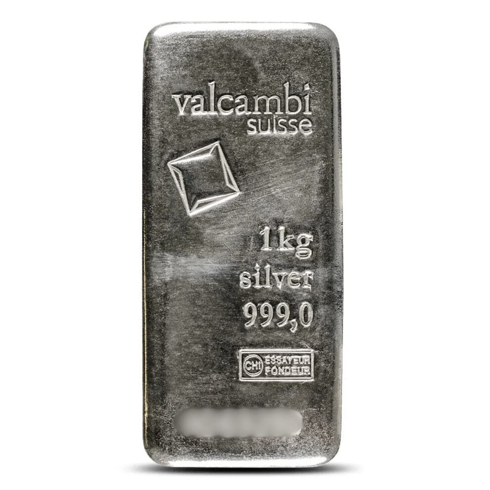 Valcambi Suisse 1 kilo 0.999 fine silver cast bar showing brand mark, weight, fineness, and CHI Essayeur Fondeur assay stamp