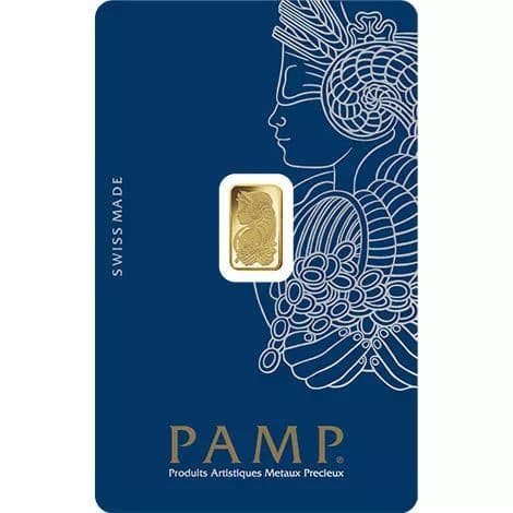 PAMP Suisse Lady Fortuna 1 Gram Gold Bar sealed in original navy blue assay card showing Swiss Made branding and PAMP logo