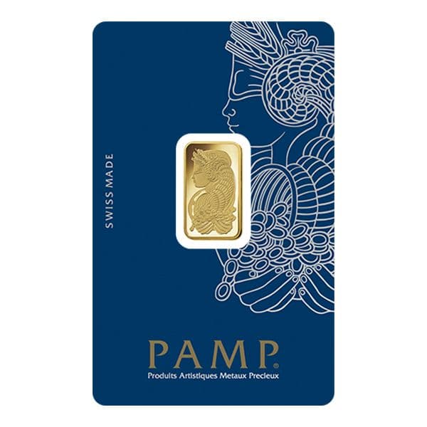 PAMP Suisse Lady Fortuna 5 gram gold bar sealed in blue assay card, Swiss Made, obverse view