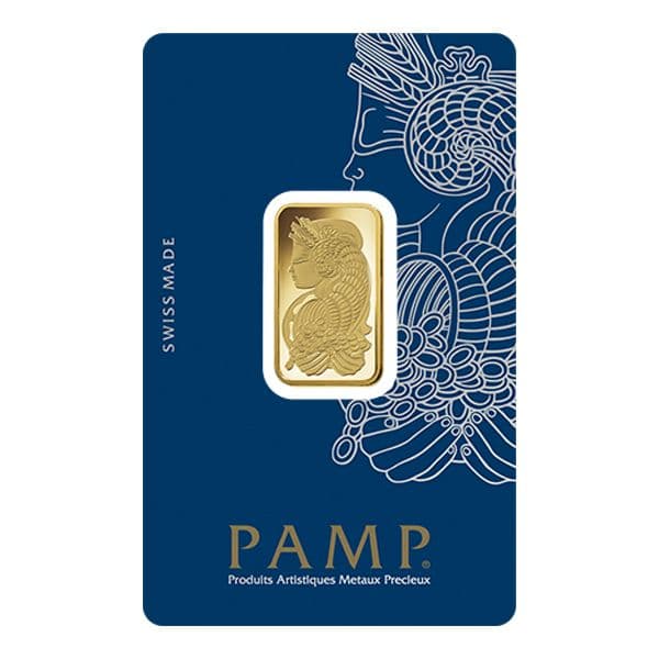 PAMP Suisse Lady Fortuna 10 gram gold bar sealed in blue CertiCard assay packaging, front view showing Lady Fortuna illustration
