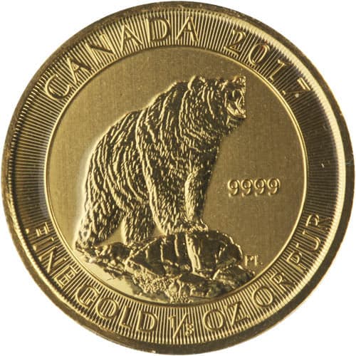 2017 Canadian Grizzly Bear Gold Coin 1/3 oz reverse showing roaring grizzly bear and 9999 fine gold inscription