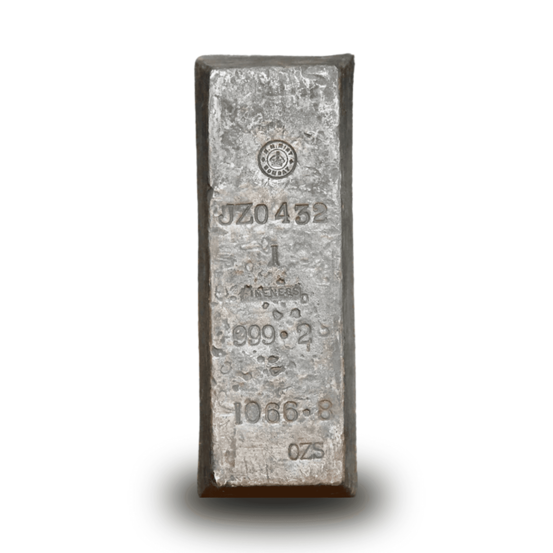 HM Mint Bombay .999 fine silver SS Gairsoppa shipwreck bar serial JZ0432 1066.8 oz obverse with struck stampings