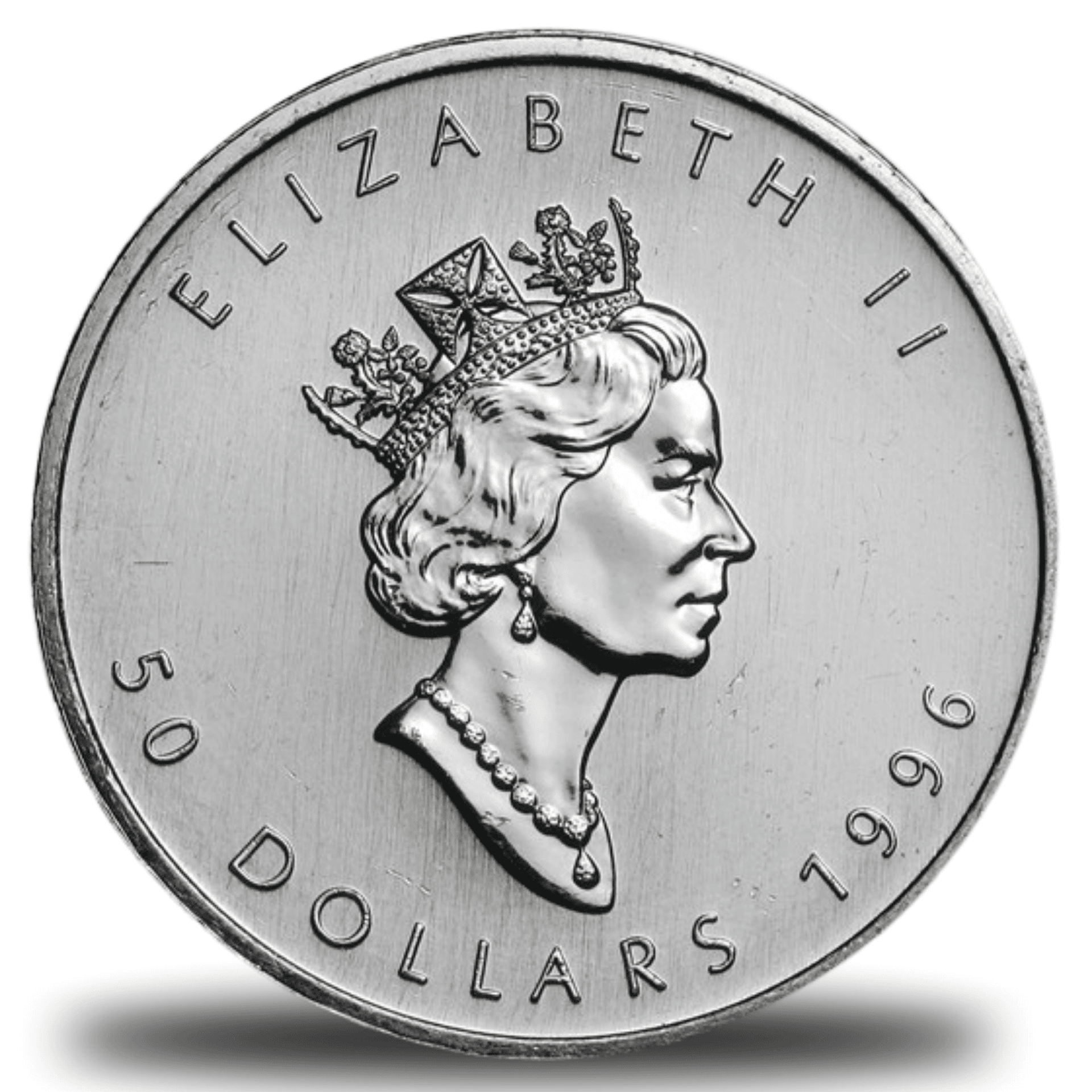 1996 Platinum Canadian Maple Leaf 1 oz obverse showing Queen Elizabeth II portrait and 50 Dollars denomination