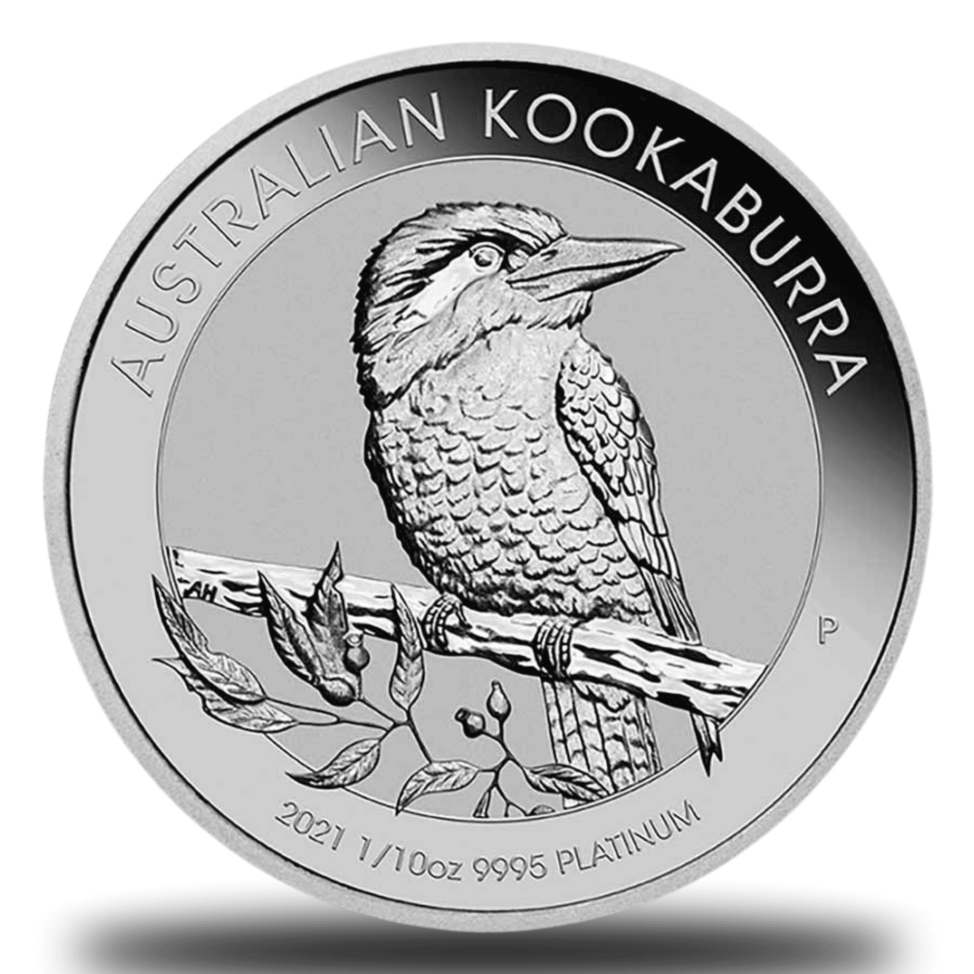2021 Australian Platinum Kookaburra 1/10 oz reverse showing kookaburra perched on eucalyptus branch with 0.9995 fineness inscription