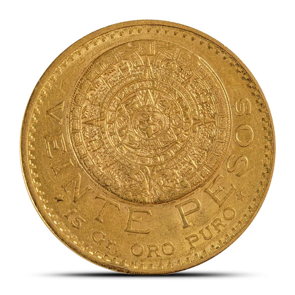 Mexican 20 Pesos Gold Coin reverse showing detailed Aztec Sun Stone Calendar and VEINTE PESOS ORO PURO inscription